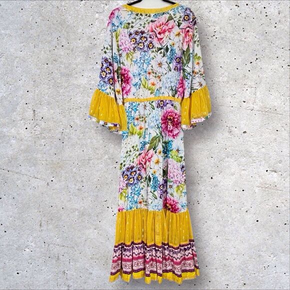 Aratta Silent Journey Ibiza Shirt Dress Medium White Floral Bell Sleeves Boho - Picture 11 of 16